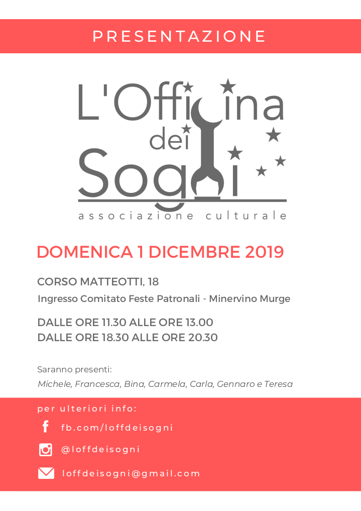 Locandina presentazione Associazione Offina dei Sogni 2019
