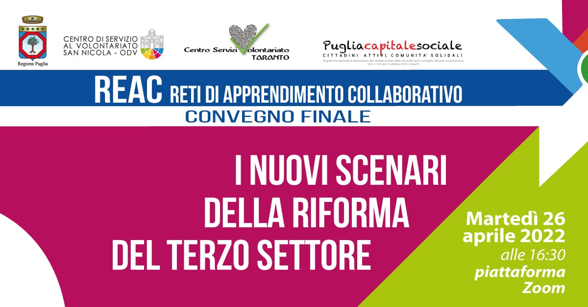 Banner I nuovi scenari della Riforma del Terzo settore Progetto REAC Puglia