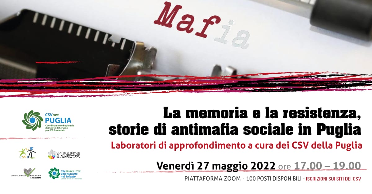 Banner La memoria e la resistenza, storie di antimafia sociale in Puglia CSVnet Puglia