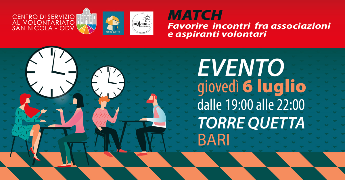 Banner Match CSV San Nicola incontro tra Associazioni e aspiranti volontari Torre Quetta Bari