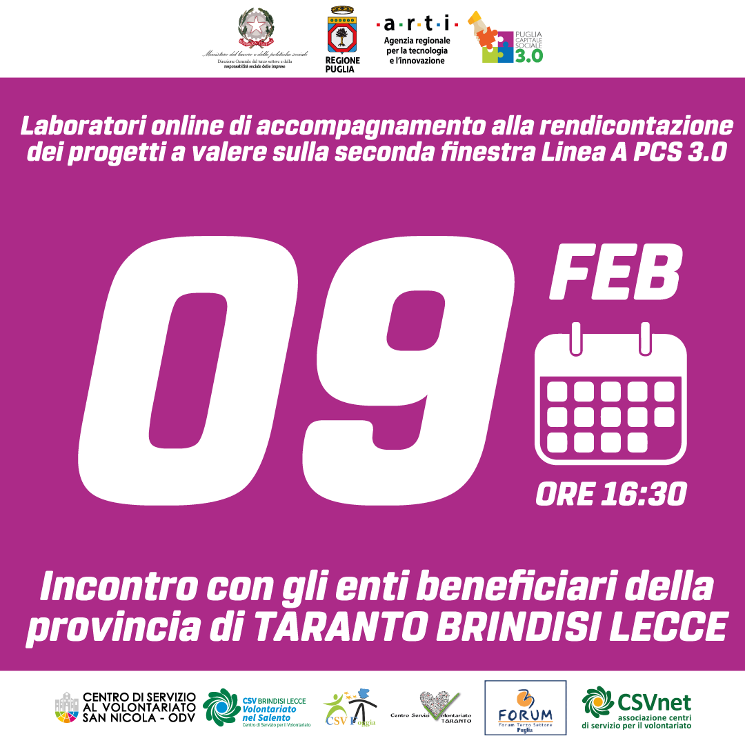9 febbraio Laboratori on line per gli enti beneficiari seconda finestra Linea A di Puglia Capitale Sociale 3.0 