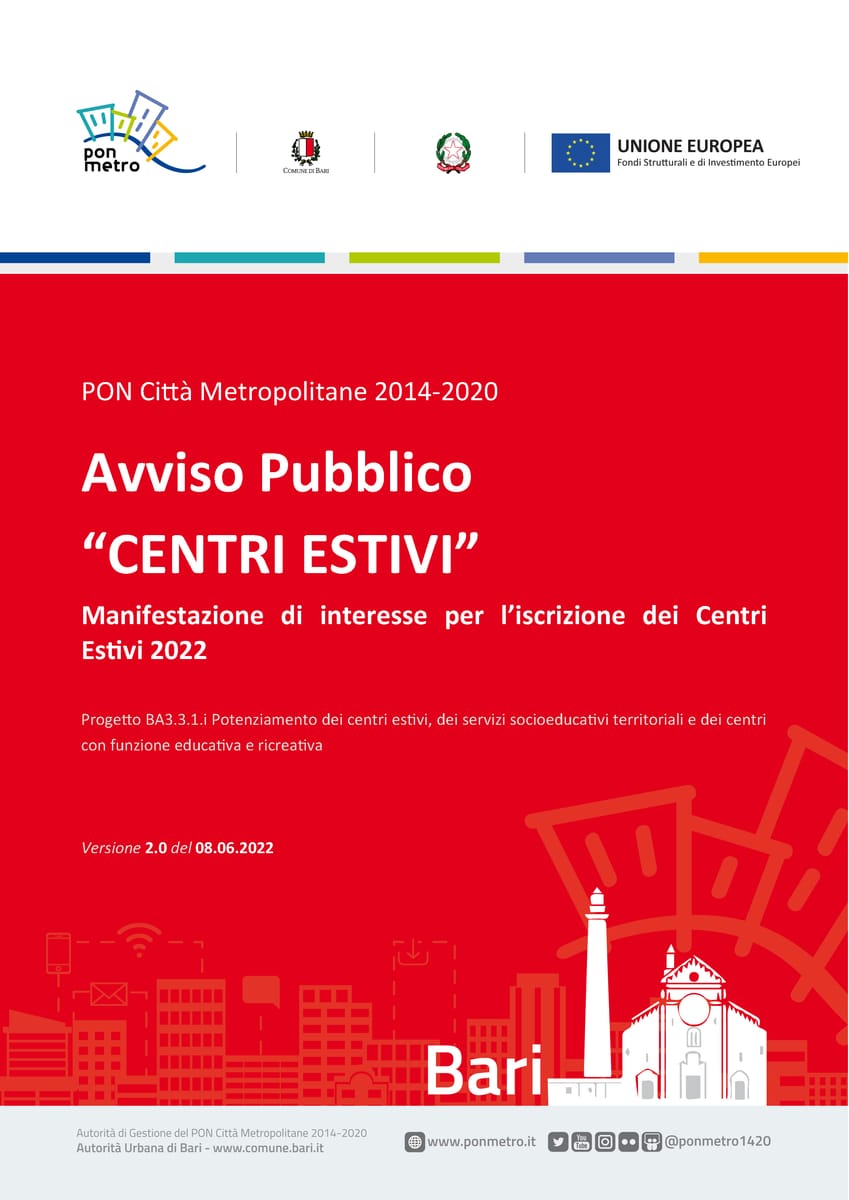 Locandina Avviso Pubblico Centri Estivi Città di Bari 2022