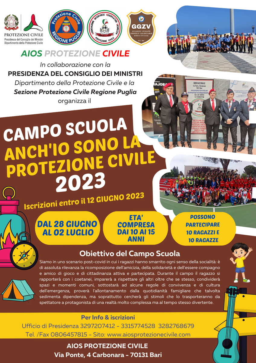 Locandina Campo Scuola Anch'io sono la Protezione Civile 2023 AIOS