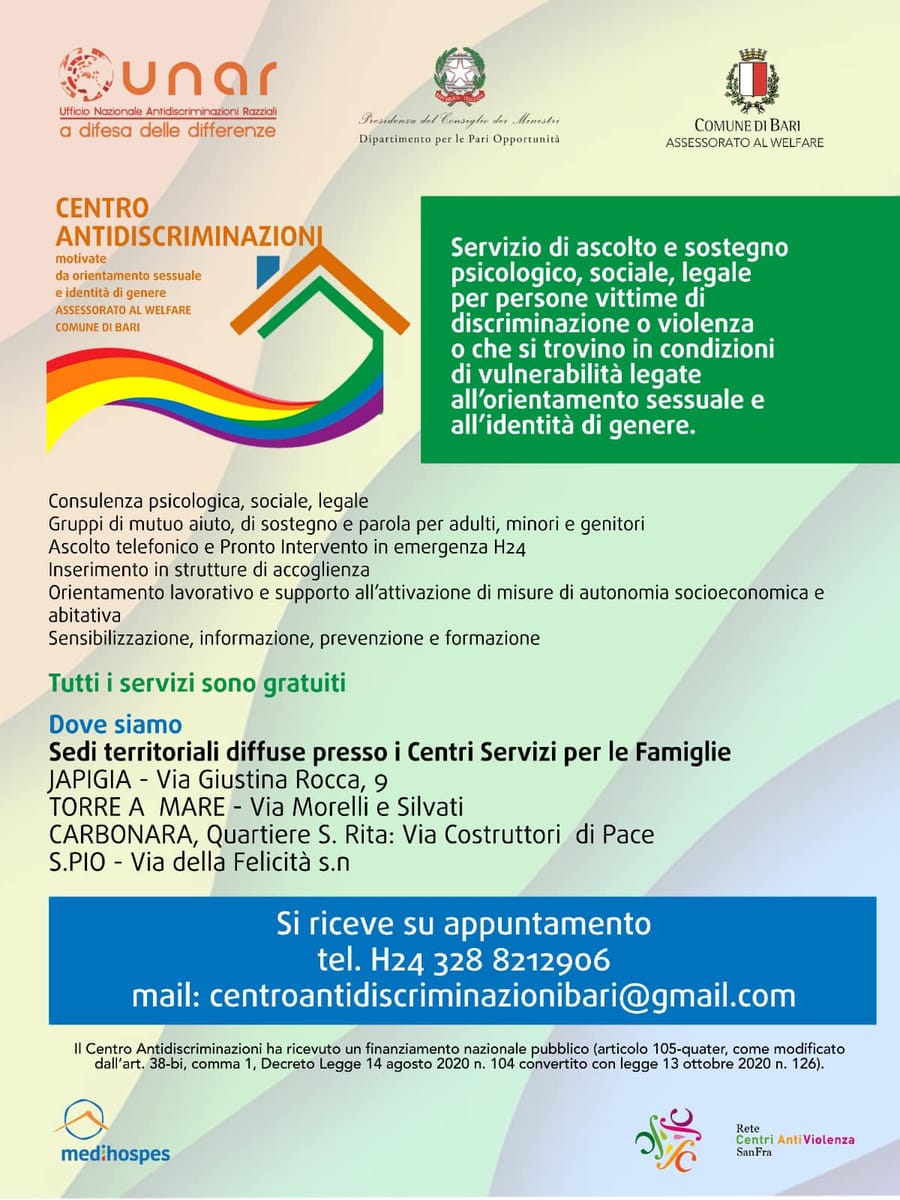 Locandina Centro antidiscriminazioni pubblico Bari
