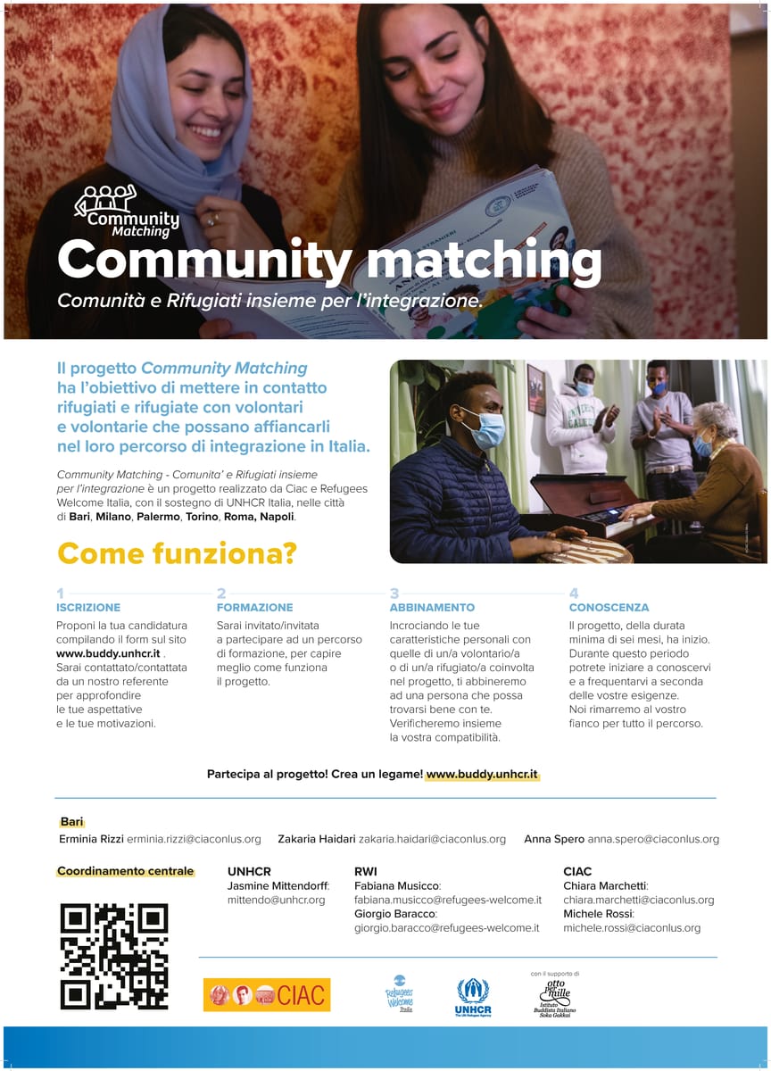 Locandina Community Matching - Comunità e Rifugiati insieme per l’integrazione Bari