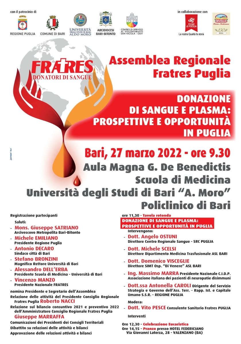 Locandina FRATRES Puglia tavola rotonda Donazione di sangue e plasma prospettive e opportunità in Puglia