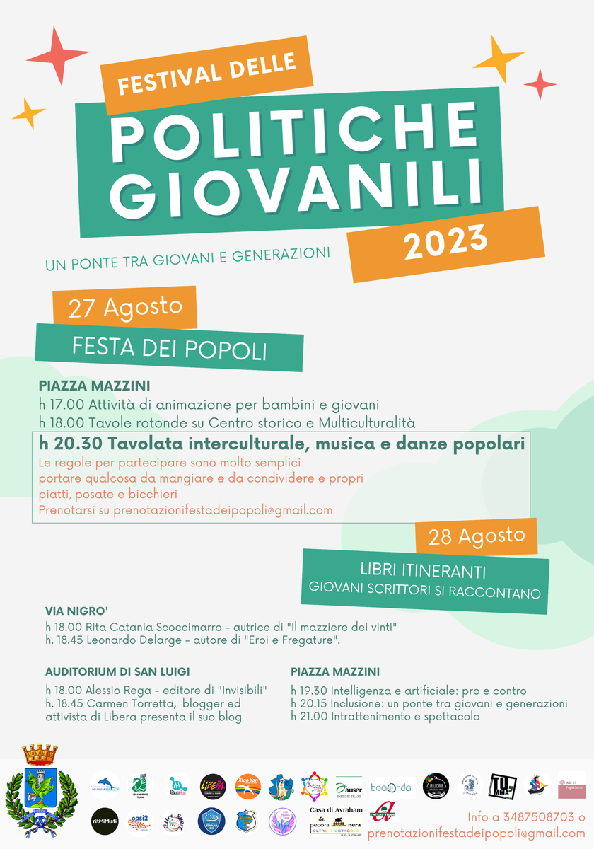 Locandina Festival delle Politiche giovanili 27 Agosto 2023 Trani