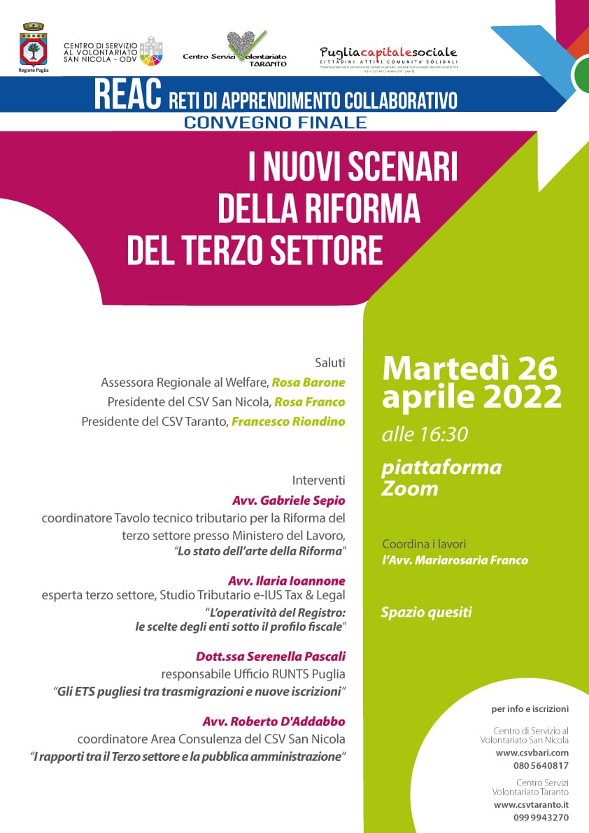 Locandina I nuovi scenari della Riforma del Terzo settore Progetto REAC Puglia