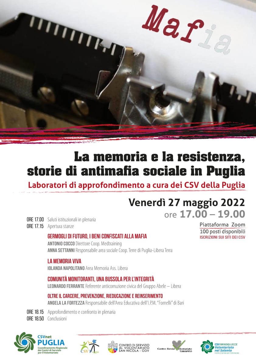 Locandina La memoria e la resistenza, storie di antimafia sociale in Puglia CSVnet Puglia