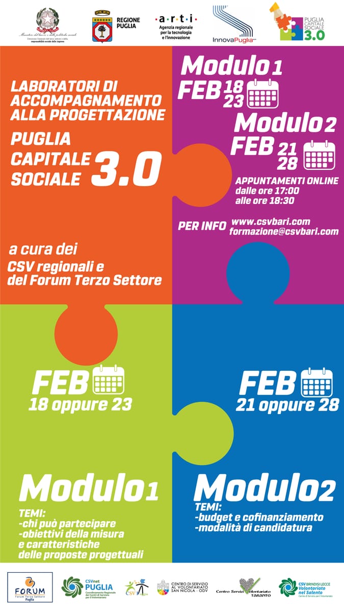 Locandina Laboratori di accompagnamento alla progettazione Puglia Capitale Sociale 3.0