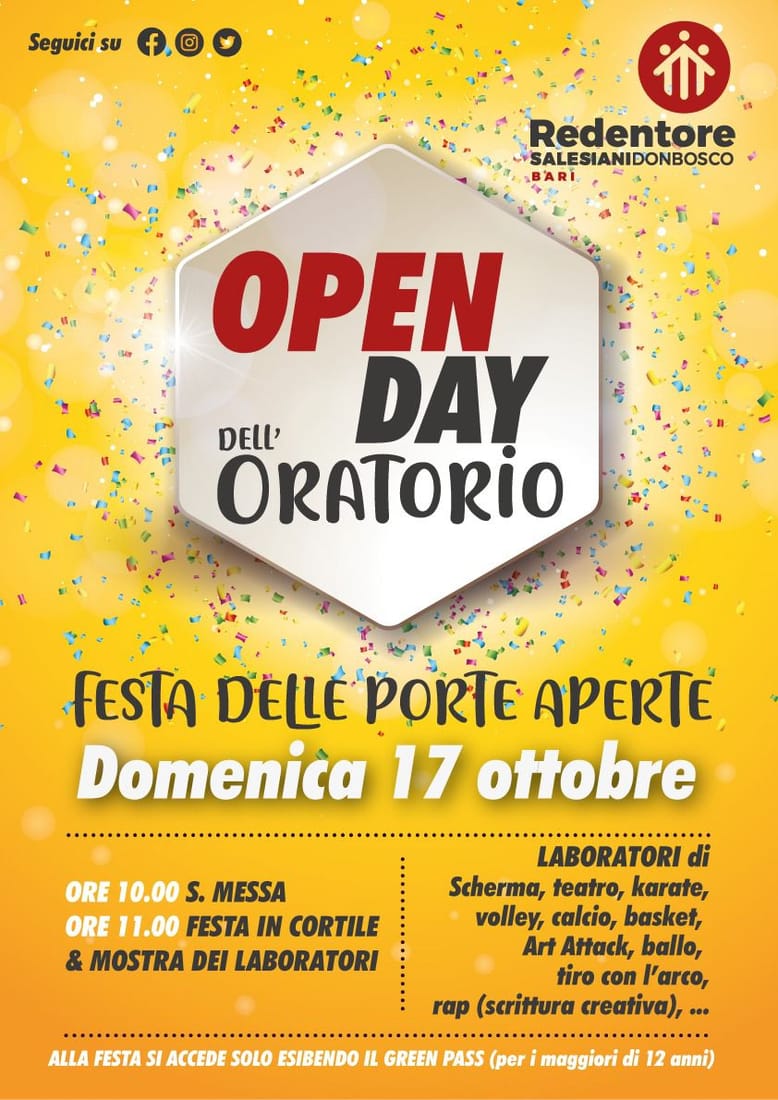Locandina Open day dell’Oratorio Redentori Salesiani Don Bosco Bari 2021