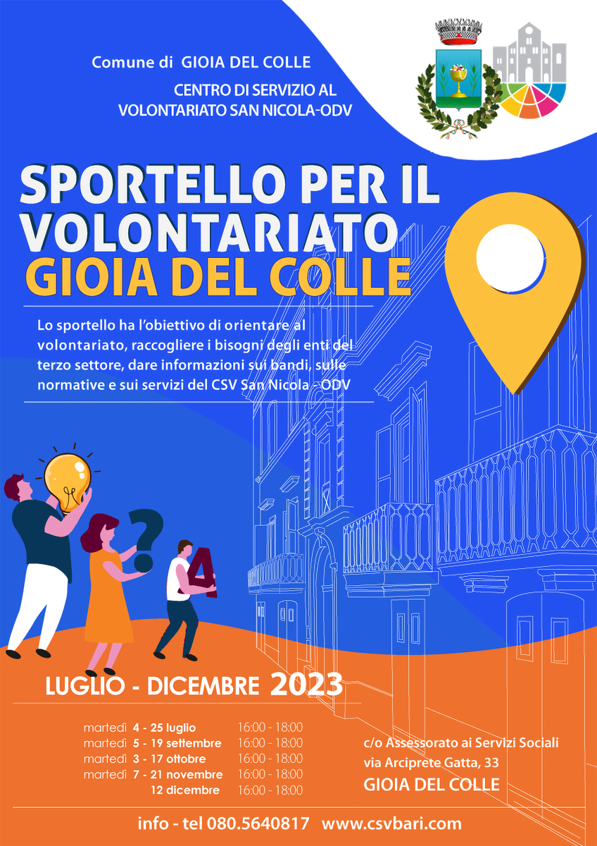 Locandina Sportello per il Volontariato Gioia del Colle Luglio-Dicembre 2023 CSV San Nicola