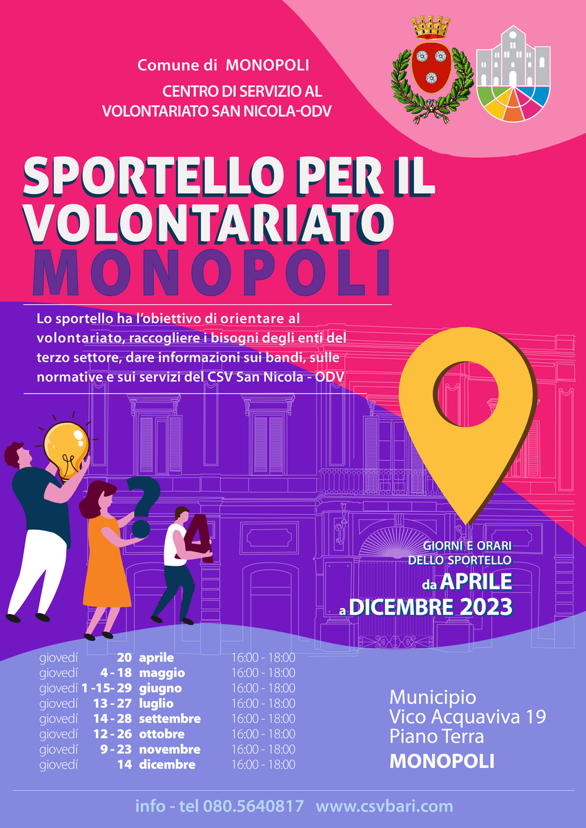 Locandina Sportello per il Volontariato Monopoli 2023 CSV San Nicola