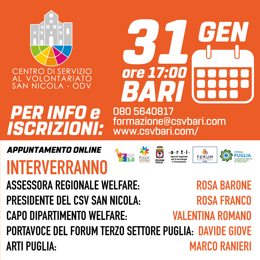 Locandina presentazione Puglia Capitale Sociale 3.0 Bari ARTI CSVnet Puglia