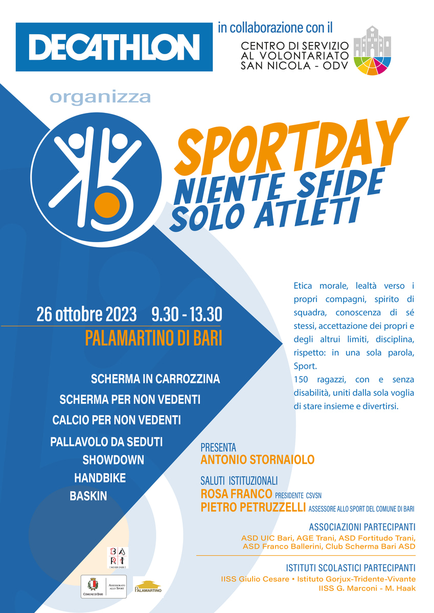 locandina Decathlon CSV San Nicola Sportday niente sfide solo atleti atlete