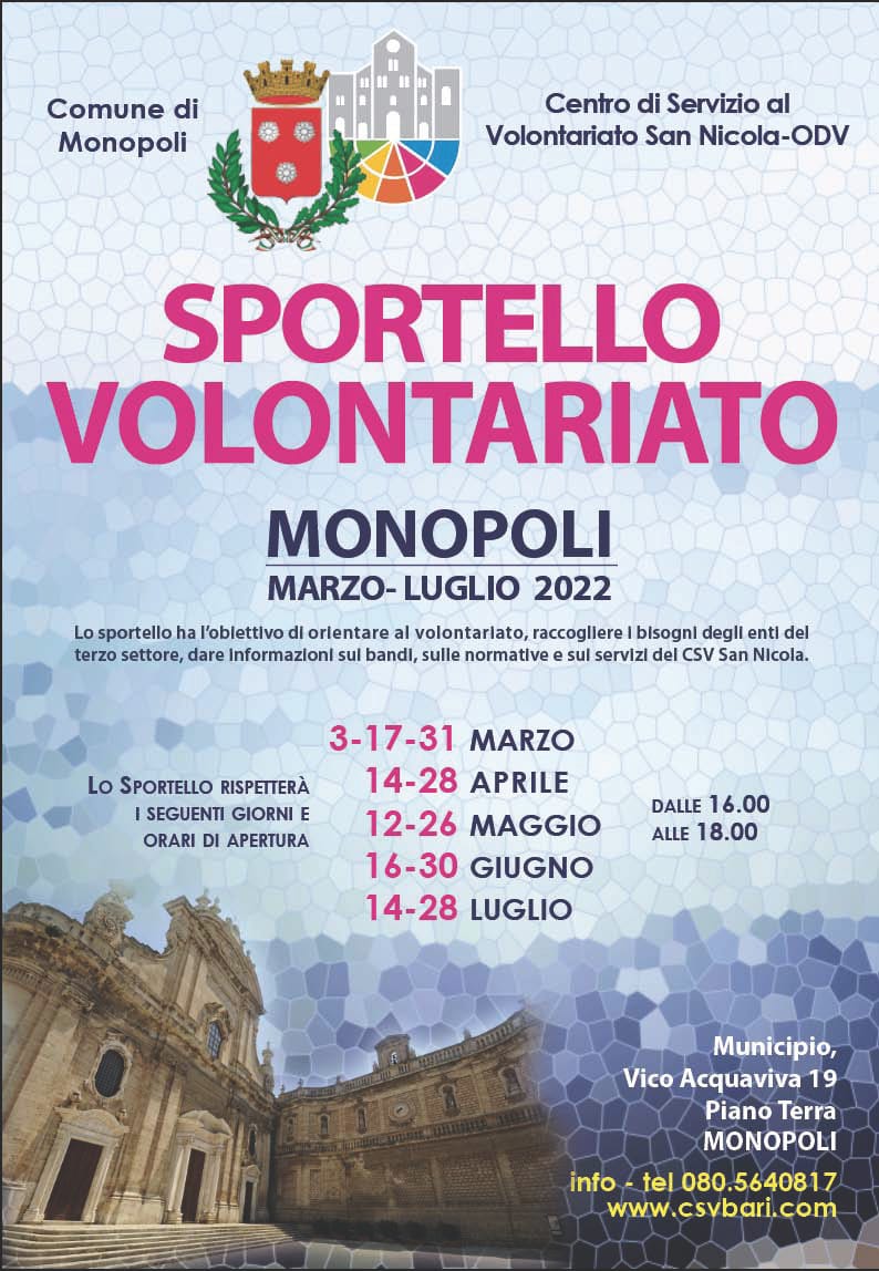 locandina Sportello per il Volontariato CSV San Nicola Monopoli 2022