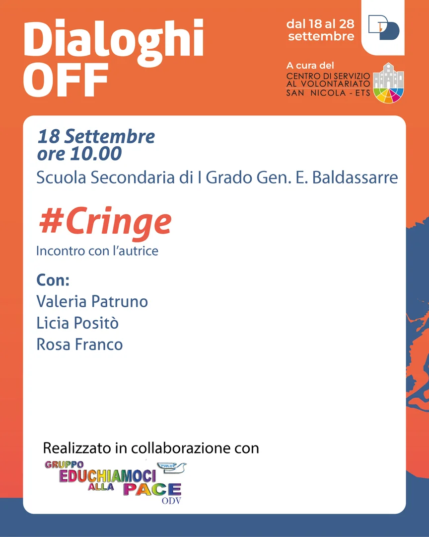 Dal 18 al 28 Settembre 2025, torna la rassegna “Dialoghi Off” curata dal Centro di Servizio al Volontariato San Nicola ETS all’interno della 24ª edizione de “I Dialoghi di Trani – Umanità” dell'associazione La Maria del Porto - APS. Ingresso libero e gratuito.