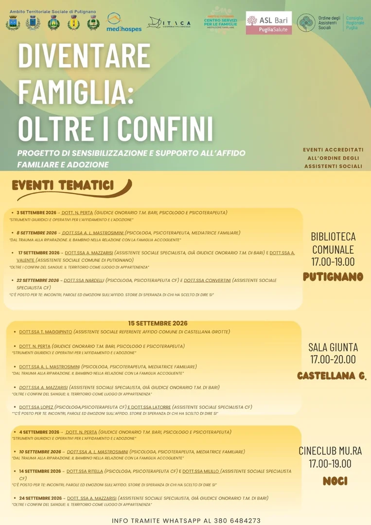 Dal 3 al 24 Settembre 2026, l’Ambito Territoriale Sociale di Putignano propone incontri sull’affido familiare e sull’adozione a Putignano, Noci e Castellana Grotte.