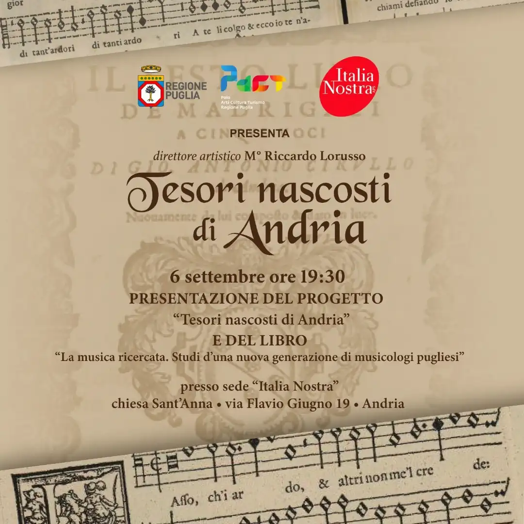 Dal 6 all'8 Settembre 2024, Italia Nostra - Sezione di Andria organizza “Tesori nascosti di Andria: il Cirullo di Andria e la riscoperta di un illustre musicista del XVI secolo”, un festival dedicato alla riscoperta del madrigalista andriese del '500, Giovanni Antonio Cirullo. Evento finanziato dal Polo Arti Cultura e Turismo della Regione Puglia e inserito nel programma del Festival Castel dei Mondi 2024. La città di Andria, ospiterà concerti, conferenze e masterclass per far conoscere al grande pubblico l'opera e l'eredità artistica di Cirullo, riportando alla luce melodie e armonie dimenticate del XVI secolo.
