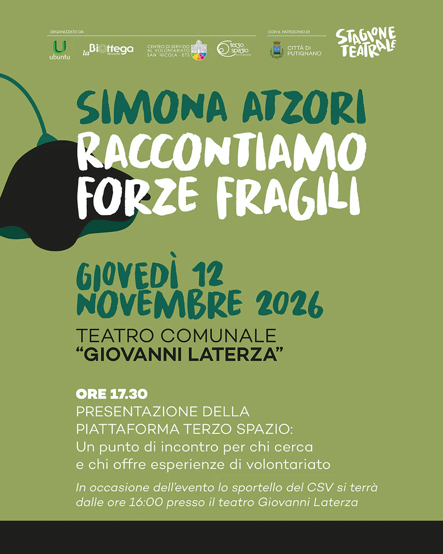 Alle 17:30, le associazioni di Putignano e dei Comuni limitrofi hanno l'opportunità di conoscere Terzo Spazio, scoprire come pubblicare un annuncio sulla piattaforma e confrontarsi sulle opportunità offerte dal servizio di orientamento.