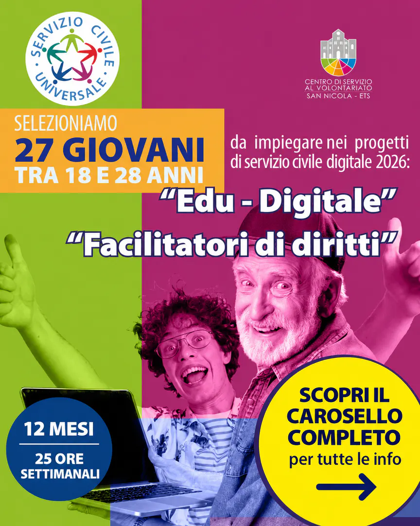 La rete del CSV San Nicola mette a disposizione 27 posti nei progetti “Edu - Digitale” e “Facilitatori di diritti”. I progetti durano 12 mesi, richiedono un impegno di 25 ore settimanali e prevedono un compenso mensile di 519,47€.