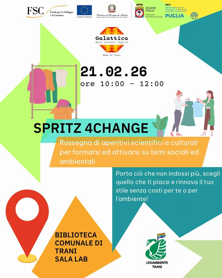 Sabato 21 Febbraio 2026 dalle 10:00 alle 12:00, Legambiente Trani APS, organizza lo Swap Party per lo scambio e il riuso consapevole di capi d’abbigliamento, nella Sala Lab della Biblioteca Comunale “Giovanni Bovio” di Trani. Potrai rinnovare il guardaroba in modo etico, scoprendo che nuovo non deve necessariamente significare appena prodotto.