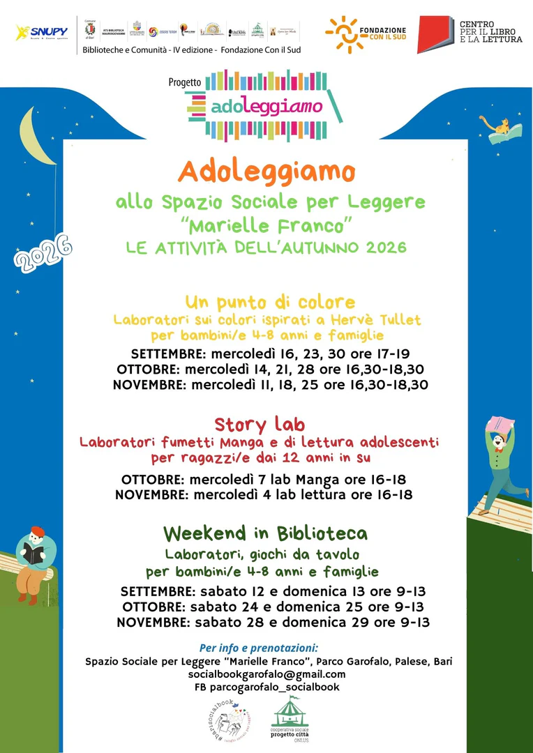 mercoledì 7 Ottobre, dalle 16:00 alle 18:00 Story Lab – Laboratorio Manga Spazio Sociale per Leggere “Marielle Franco”, Parco Garofalo, Palese, Bari Laboratorio dedicato al manga e alla narrazione grafica per ragazze e ragazzi dai 12 anni in su, con attività di osservazione, sperimentazione e produzione creativa. mercoledì 14, 21 e 28 Ottobre, dalle 16:30 alle 18:30 Un punto di colore Spazio Sociale per Leggere “Marielle Franco”, Parco Garofalo, Palese, Bari Laboratori sui colori ispirati a Hervé Tullet per bambine e bambini dai 4 agli 8 anni e famiglie, dedicati all’espressione, all’immaginazione e alla relazione attraverso attività creative e partecipative. sabato 24 e domenica 25 Ottobre, dalle 9:00 alle 13:00 Weekend in Biblioteca Spazio Sociale per Leggere “Marielle Franco”, Parco Garofalo, Palese, Bari Aperture nel fine settimana con laboratori e giochi da tavolo per bambine e bambini dai 4 agli 8 anni e famiglie.