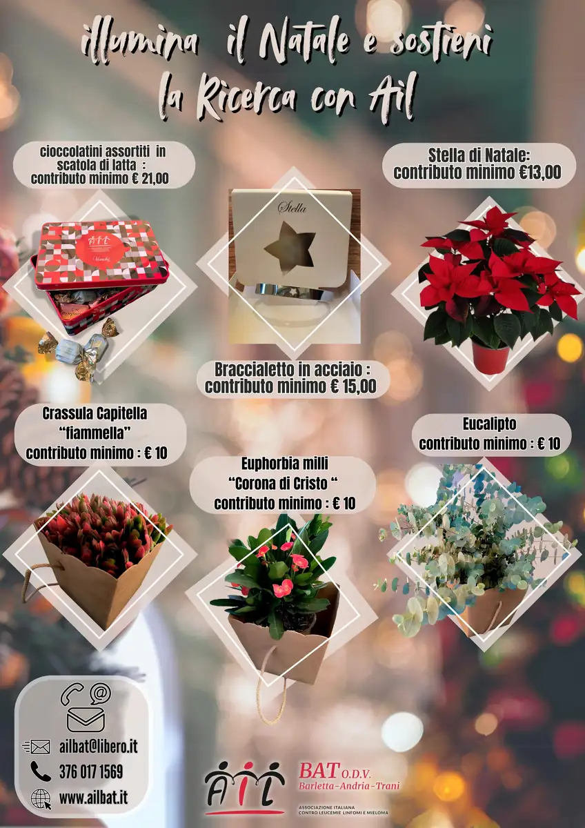 Dal 6 all’8 Dicembre 2024 e poi anche il 15 Dicembre, torna l’appuntamento più atteso per tutti coloro che vogliono fare la differenza: le Stelle di Natale AIL saranno presenti in numerose piazze e punti vendita della provincia Bat.