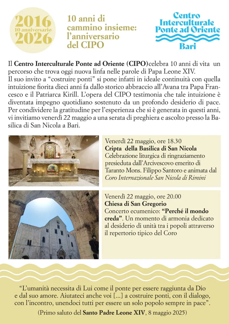 Venerdì 22 Maggio 2026 alle 16:15, il Centro Interculturale Ponte ad Oriente APS celebra il decimo anniversario della sua fondazione, avvenuta in occasione dello storico abbraccio tra Papa Francesco e Patriarca Kirill all’Avana, il 12 Febbraio 2016.