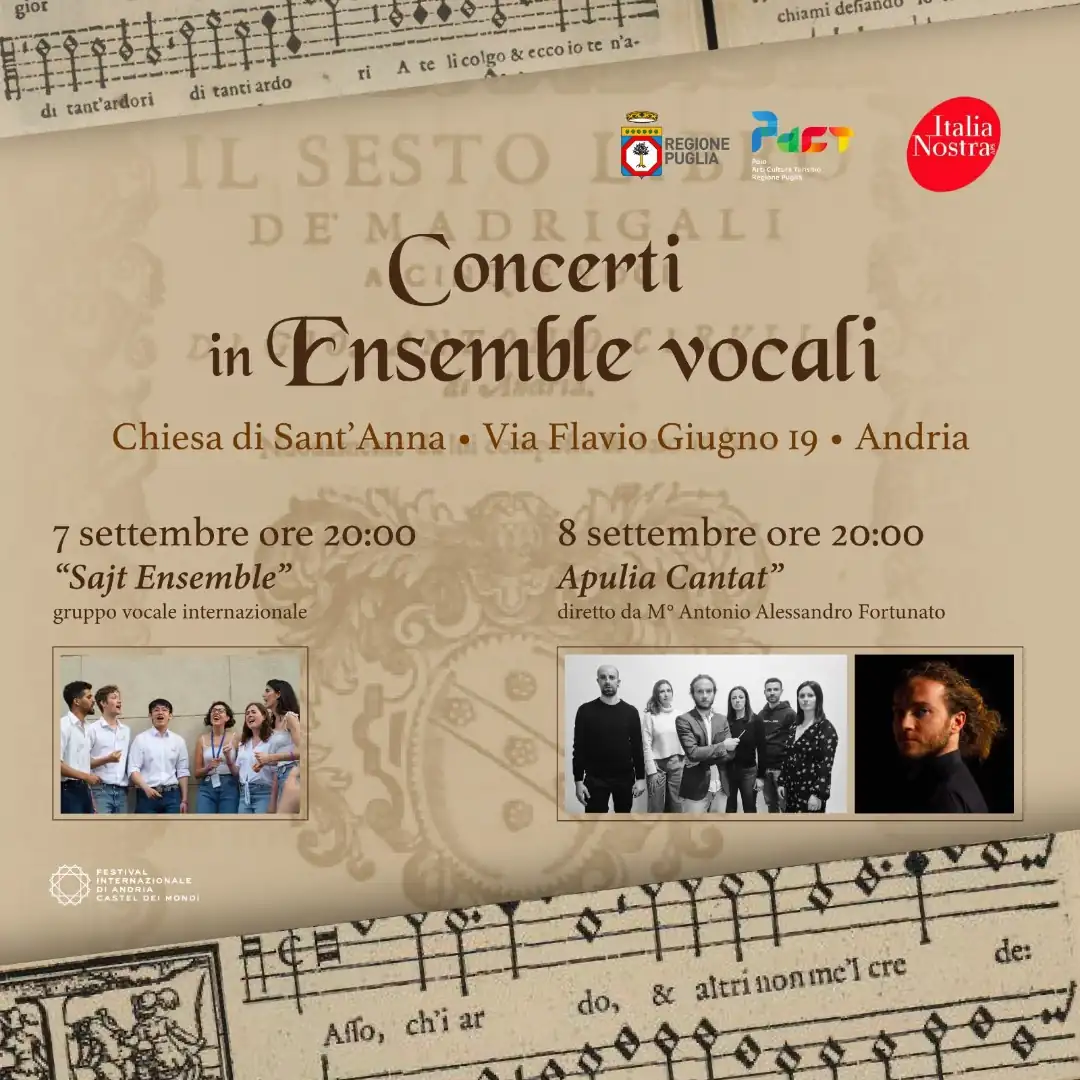 Dal 6 all'8 Settembre 2024, Italia Nostra - Sezione di Andria organizza “Tesori nascosti di Andria: il Cirullo di Andria e la riscoperta di un illustre musicista del XVI secolo”, un festival dedicato alla riscoperta del madrigalista andriese del '500, Giovanni Antonio Cirullo. Evento finanziato dal Polo Arti Cultura e Turismo della Regione Puglia e inserito nel programma del Festival Castel dei Mondi 2024. La città di Andria, ospiterà concerti, conferenze e masterclass per far conoscere al grande pubblico l'opera e l'eredità artistica di Cirullo, riportando alla luce melodie e armonie dimenticate del XVI secolo.