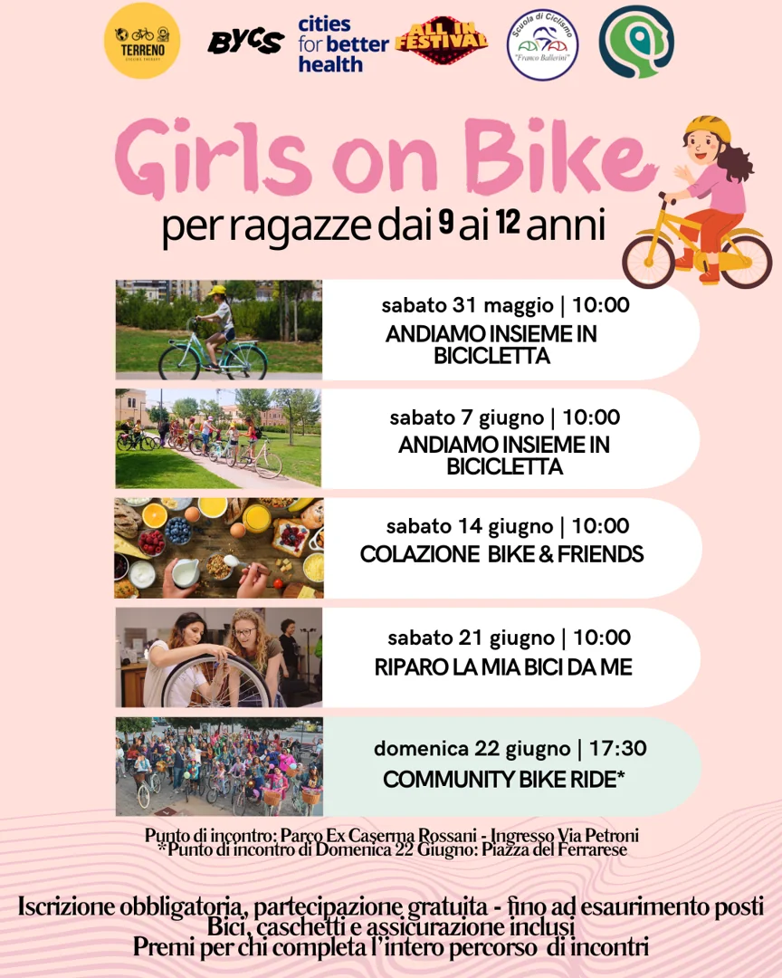 Dal 31 Maggio al 22 Giugno 2025, l’associazione Terreno-Cycling Therapy E.T.S., in collaborazione con BYCS, Cities For Better Health, Scuola di Ciclismo Franco Ballerini e Psicologo Mobilità, organizza il Girls Bike Bootcamp, con punto di incontro presso il Parco Caserma Rossani di Bari.