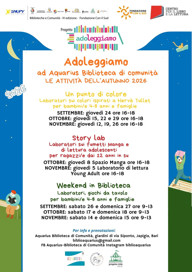 giovedì 8 Ottobre, dalle 16:00 alle 18:00 Story Lab – Spazio Manga Aquarius Biblioteca di Comunità, giardini di via Siponto, Japigia, Bari Laboratorio rivolto a ragazze e ragazzi dai 12 anni in su per esplorare il linguaggio narrativo e grafico del manga e sperimentare forme espressive vicine al mondo adolescenziale. giovedì 15, 22 e 29 Ottobre, dalle 16:00 alle 18:00 Un punto di colore Aquarius Biblioteca di Comunità, giardini di via Siponto, Japigia, Bari Laboratori sui colori ispirati a Hervé Tullet per bambine e bambini dai 4 agli 8 anni e famiglie, centrati sull’esplorazione del colore, sulla creatività e sulla partecipazione attiva. sabato 17 e domenica 18 Ottobre, dalle 9:00 alle 13:00 Weekend in Biblioteca Aquarius Biblioteca di Comunità e Biblioteca Ragazzi[e], Bari Aperture nel fine settimana con laboratori e giochi da tavolo per bambine e bambini dai 4 agli 8 anni e famiglie, per vivere la biblioteca come luogo di incontro, lettura e socialità.