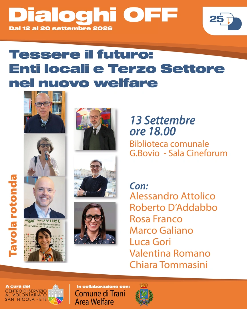 13/09 Ore 18:00 – Biblioteca comunale Giovanni Bovio, Sala Cineforum Tavola rotonda con Alessandro Nicola Attolico, Roberto D’Addabbo, Rosa Franco, Marco Galiano, Luca Gori, Valentina Romano e Chiara Tommasini Tessere il futuro: Enti Locali e Terzo Settore nel nuovo welfare Sfide e opportunità della co-progettazione tra Enti Locali e Terzo Settore, un paradigma fondamentale per l’evoluzione del welfare moderno. In collaborazione con Comune di Trani – Area Welfare