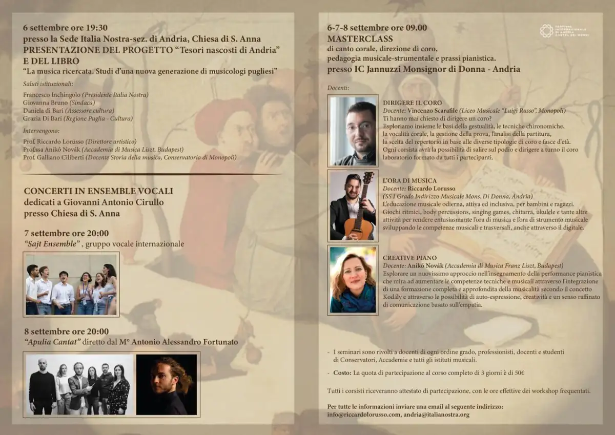 Dal 6 all'8 Settembre 2024, Italia Nostra - Sezione di Andria organizza “Tesori nascosti di Andria: il Cirullo di Andria e la riscoperta di un illustre musicista del XVI secolo”, un festival dedicato alla riscoperta del madrigalista andriese del '500, Giovanni Antonio Cirullo. Evento finanziato dal Polo Arti Cultura e Turismo della Regione Puglia e inserito nel programma del Festival Castel dei Mondi 2024. La città di Andria, ospiterà concerti, conferenze e masterclass per far conoscere al grande pubblico l'opera e l'eredità artistica di Cirullo, riportando alla luce melodie e armonie dimenticate del XVI secolo.