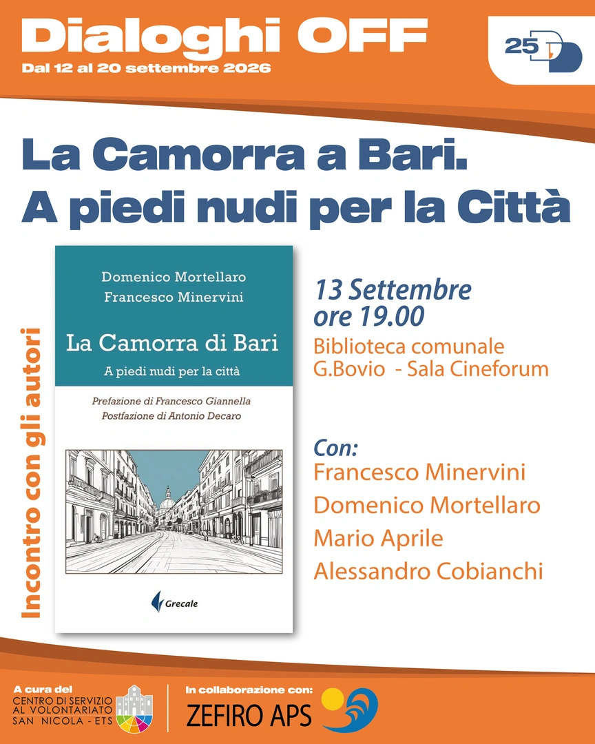 13/09 Ore 19:00 – Biblioteca comunale Giovanni Bovio, Sala Cineforum Incontro con gli autori con Francesco Minervini, Domenico Mortellaro, Mario Aprile e Alessandro Cobianchi La camorra di Bari. A piedi nudi per la città Il dialogo tra due autori, che da tempo studiano e divulgano il rapporto tra le mafie e la città, si configura oggi come un monito e ci permette di capire cosa sta succedendo e cosa probabilmente avverrà, chiedendoci implicitamente di non rimanere testimoni passivi. In collaborazione con Zefiro APS