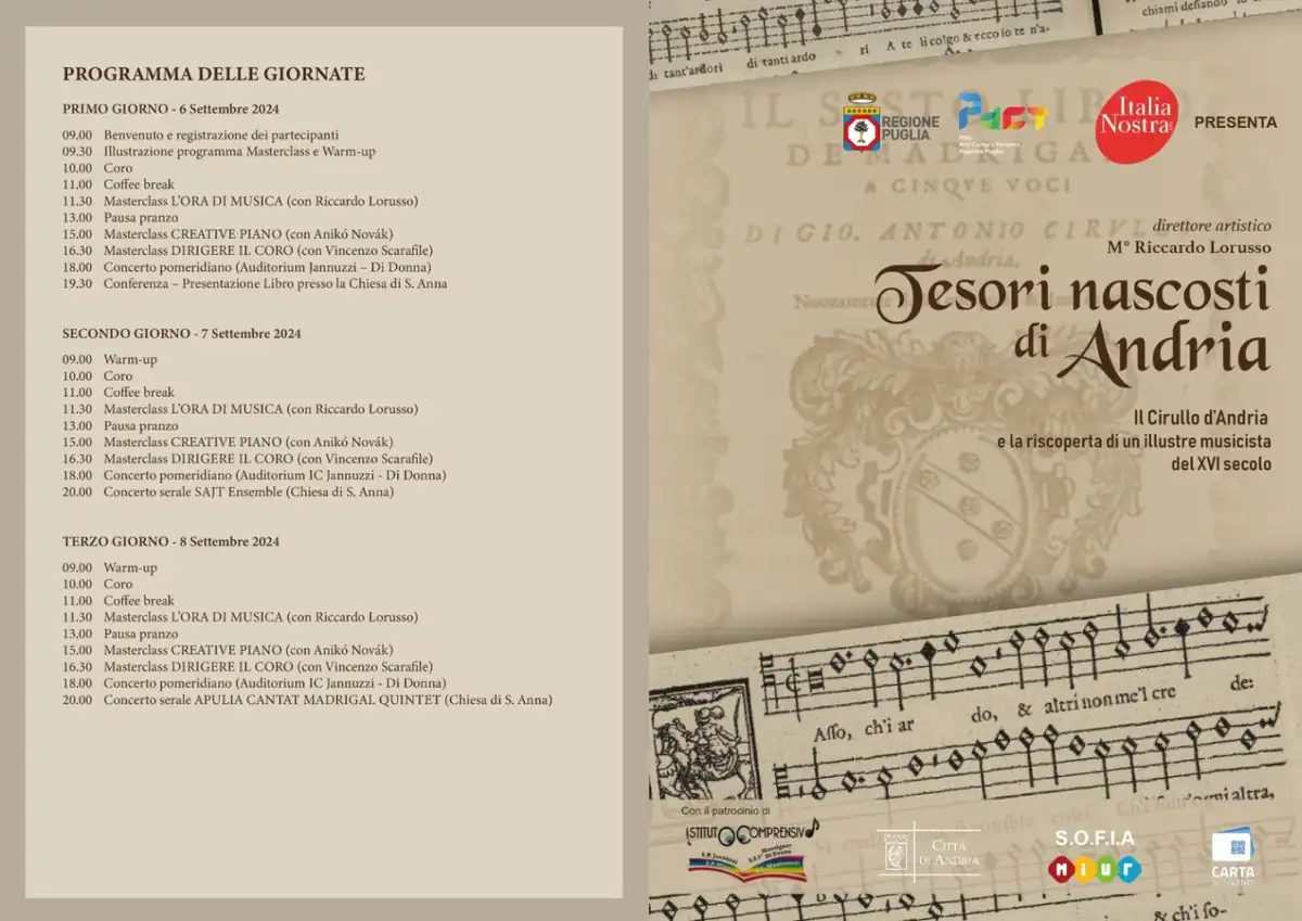 Dal 6 all'8 Settembre 2024, Italia Nostra - Sezione di Andria organizza “Tesori nascosti di Andria: il Cirullo di Andria e la riscoperta di un illustre musicista del XVI secolo”, un festival dedicato alla riscoperta del madrigalista andriese del '500, Giovanni Antonio Cirullo. Evento finanziato dal Polo Arti Cultura e Turismo della Regione Puglia e inserito nel programma del Festival Castel dei Mondi 2024. La città di Andria, ospiterà concerti, conferenze e masterclass per far conoscere al grande pubblico l'opera e l'eredità artistica di Cirullo, riportando alla luce melodie e armonie dimenticate del XVI secolo.