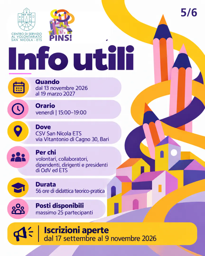 Progettisti di Innovazione Sociale”, in programma dal 13 Novembre 2026 al 19 Marzo 2027 dalle 15:00 alle 19:00. La Scuola è rivolta a volontari, collaboratori, dipendenti, dirigenti e presidenti di OdV ed ETS. 56 ore di didattica teorico-pratica. Massimo 25 posti disponibili.