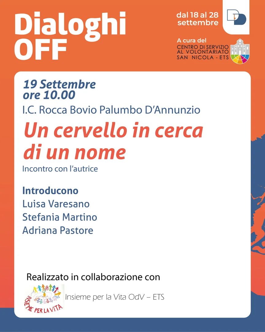 Dal 18 al 28 Settembre 2025, torna la rassegna “Dialoghi Off” curata dal Centro di Servizio al Volontariato San Nicola ETS all’interno della 24ª edizione de “I Dialoghi di Trani – Umanità” dell'associazione La Maria del Porto - APS. Ingresso libero e gratuito.