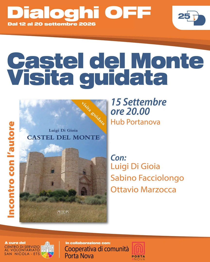 15/09 Ore 20:00 – Hub Portanova Incontro con l’autore con Luigi Di Gioia, Sabino Facciolongo e Ottavio Marzocca Castel del Monte. Visita guidata Dichiarato Patrimonio dell’Umanità dall’Unesco, icona indiscussa della Puglia, Castel del Monte è uno dei luoghi più rappresentativi e complessi del patrimonio culturale. Ma questo è sempre più un asset del sistema economico, accessorio del turismo, o è eredità culturale, patrimonio materiale e immateriale di cui prendersi cura collettivamente? Il welfare culturale è patrimonio dell’umanità o è patrimonio di comunità? In collaborazione con Cooperativa di comunità Porta Nova