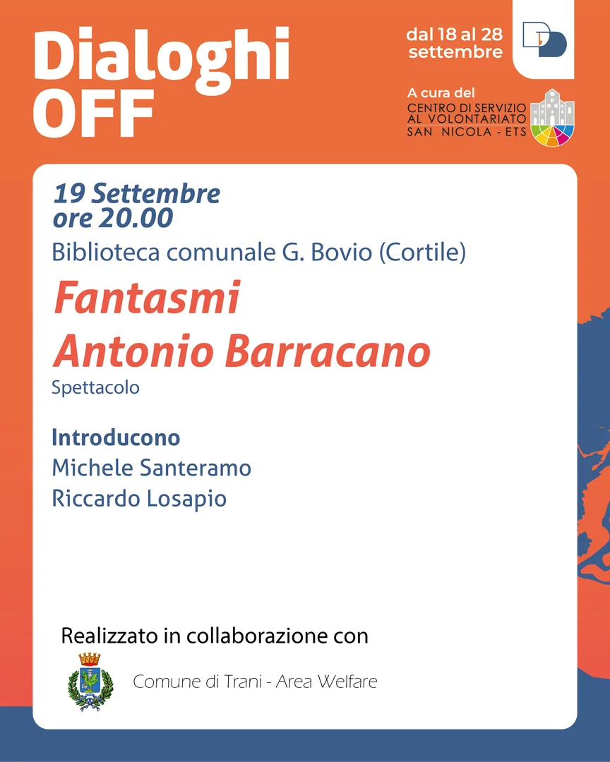 Dal 18 al 28 Settembre 2025, torna la rassegna “Dialoghi Off” curata dal Centro di Servizio al Volontariato San Nicola ETS all’interno della 24ª edizione de “I Dialoghi di Trani – Umanità” dell'associazione La Maria del Porto - APS. Ingresso libero e gratuito.