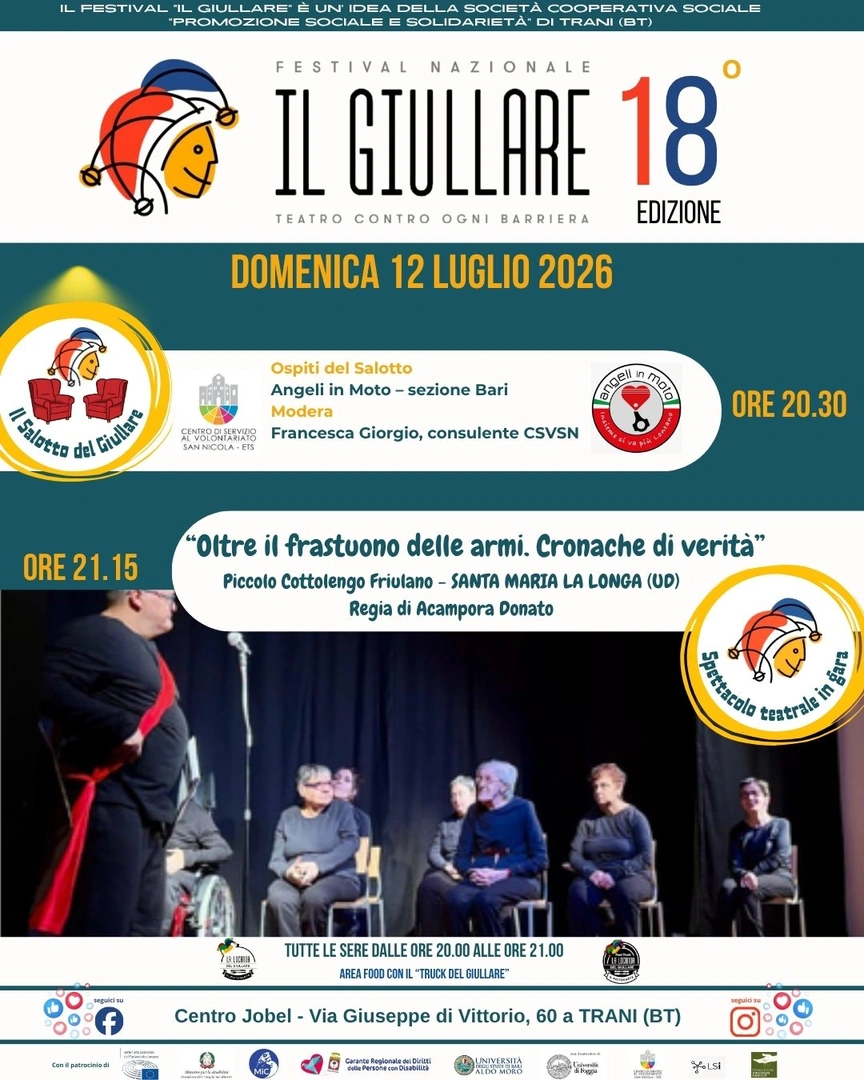 domenica 12 Luglio OdV FeliciAngeli in Moto (sezione di Bari) modera Francesca Giorgio, consulente Centro di Servizio al Volontariato San Nicola ETS Dal 12 al 18 Luglio 2026 alle 20:30, il Centro di Servizio al Volontariato San Nicola ETS invita la cittadinanza a “Il Salotto del Giullare” presso il Centro Jobel di Trani, in via Giuseppe di Vittorio 60.