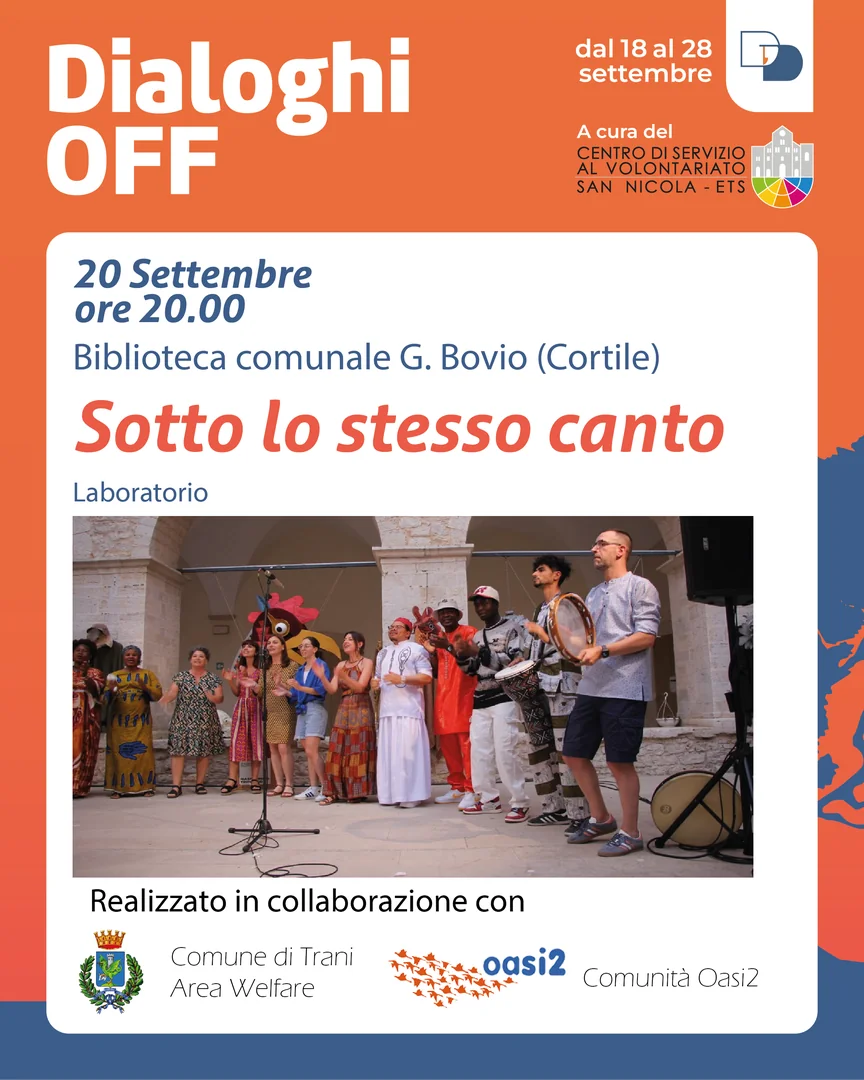 Dal 18 al 28 Settembre 2025, torna la rassegna “Dialoghi Off” curata dal Centro di Servizio al Volontariato San Nicola ETS all’interno della 24ª edizione de “I Dialoghi di Trani – Umanità” dell'associazione La Maria del Porto - APS. Ingresso libero e gratuito.
