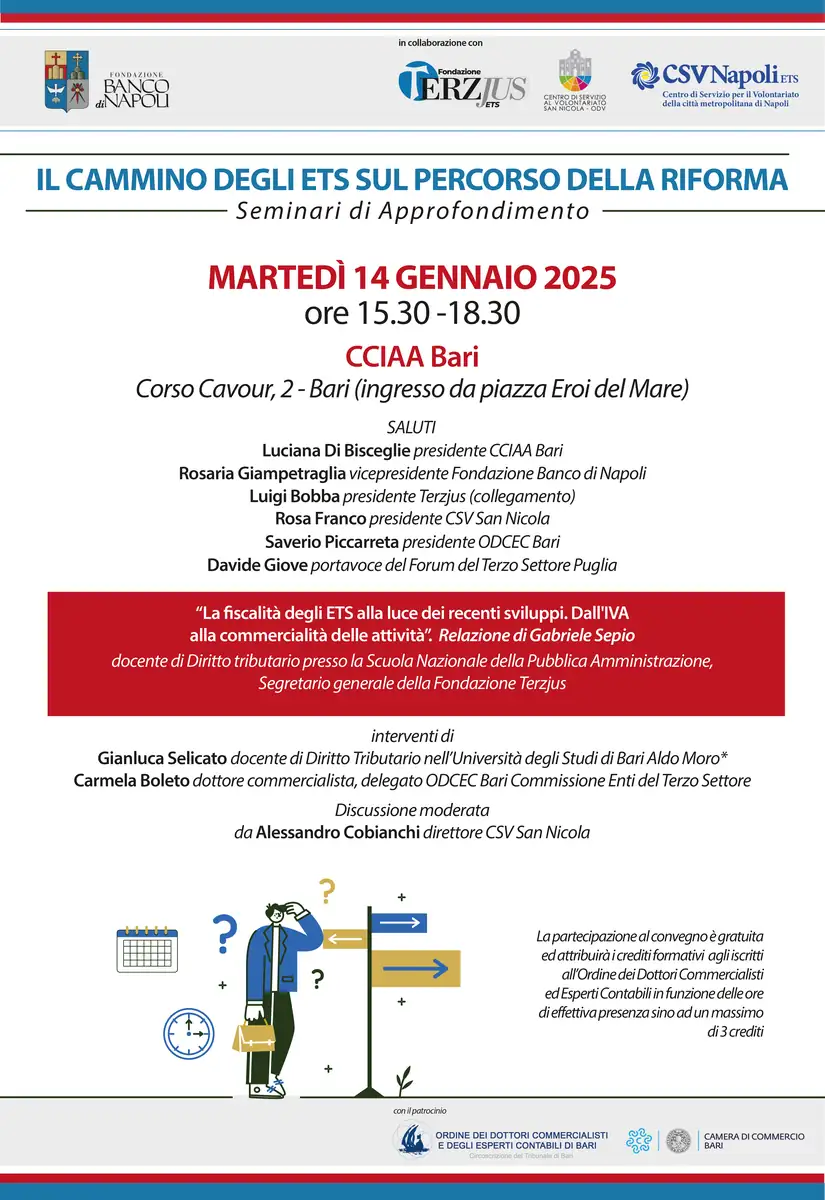 Giovedì 12 Dicembre 2024 e martedì 14 Gennaio 2025 dalle 15:30 alle 18:30, la Fondazione Banco di Napoli, in collaborazione con Fondazione Terzjus ETS, Centro di Servizio al Volontariato San Nicola, Centro di Servizio per il Volontariato della città metropolitana di Napoli, organizza il Seminario di Approfondimento “Il cammino degli Ets sul percorso della Riforma”, presso la Camera di Commercio di Bari, in corso Cavour 2 (ingresso da piazza Eroi del Mare). Con il patrocinio dell'Ordine dei Dottori Commercialisti e degli Esperti Contabili di Bari e della Camera di Commercio Bari.