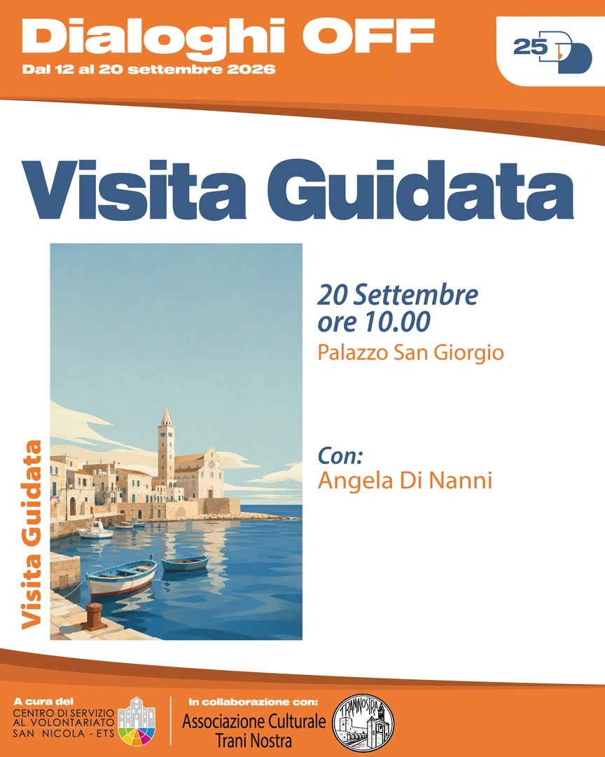 20/09 Ore 10:00 – Palazzo San Giorgio Visita guidata con Angela Di Nanni La storia di Trani è caratterizzata da una straordinaria e complessa convivenza tra culture diverse. Ripercorrere insieme questa complessità consentirà di conoscere meglio un’eredità storico-culturale che ci è stata lasciata in dono e ci chiama alla responsabilità di cura. In collaborazione con TraniNostra APS