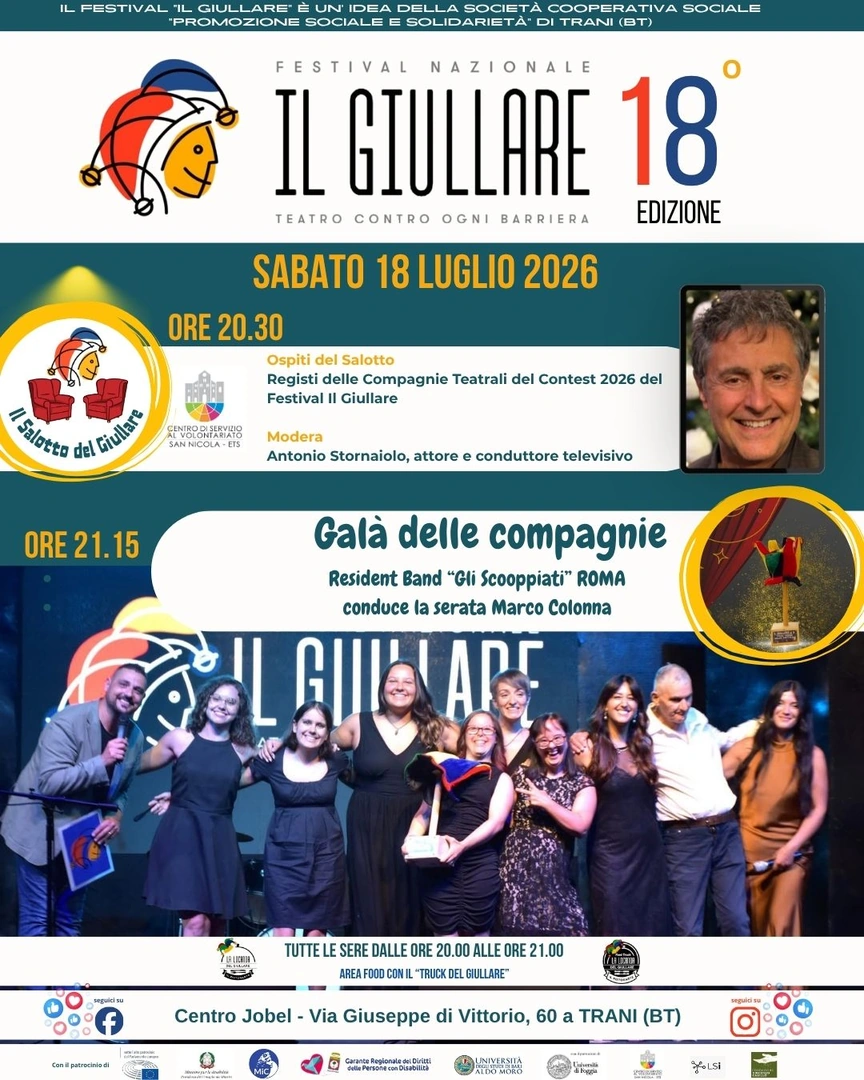 sabato 18 Luglio Registe e registi delle compagnie teatrali del Contest 2026 del Festival il Giullare modera Antonio Stornaiolo, attore e conduttore televisivo Dal 12 al 18 Luglio 2026 alle 20:30, il Centro di Servizio al Volontariato San Nicola ETS invita la cittadinanza a “Il Salotto del Giullare” presso il Centro Jobel di Trani, in via Giuseppe di Vittorio 60.