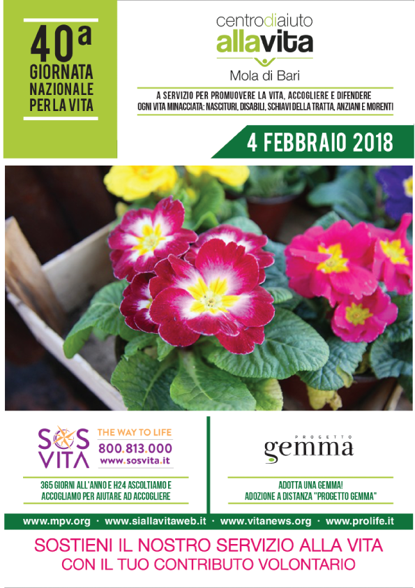 CAV MOLA DI BARI: DOMENICA 4 FEBBRAIO GIORNATA PER LA VITA