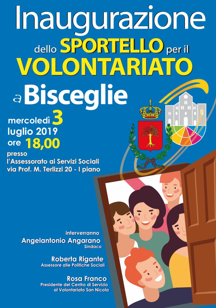 Locandina Inaugurazione dello Sportello per il Volontariato a Bisceglie 3 luglio 2019