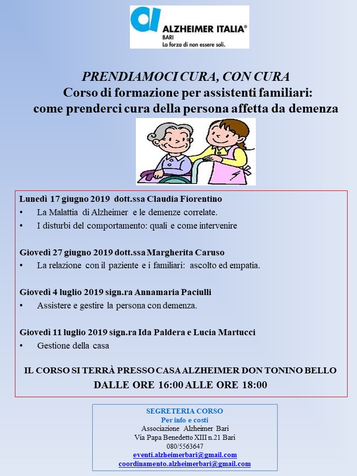 Locandina corso di formazione Prendiamoci cura con cura dell'Associazione Alzheimer Bari