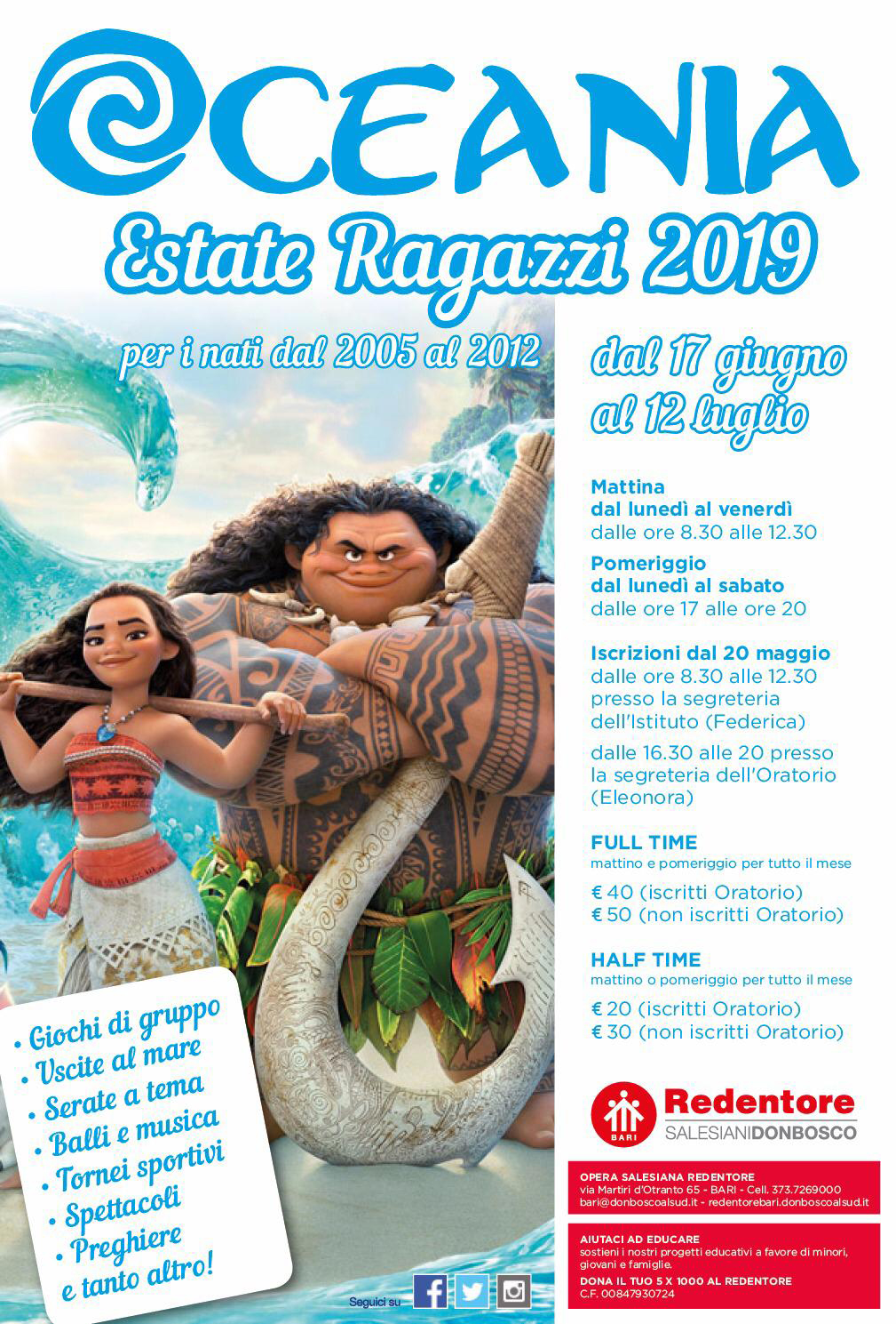 Locandina Estate Ragazzi Oratorio Salesiano Redentore Bari 17 giugno - 12 luglio 2019