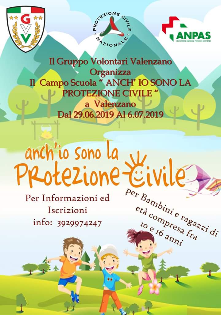 Locandina campo scuola “Anch’io sono la Protezione Civile” 29 giugno 2019 Gruppo Volontari Valenzano